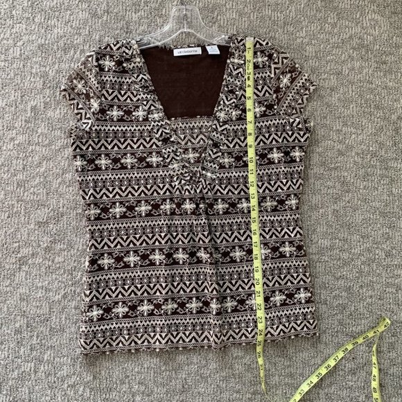 2/$25 Liz Claiborne Brown/Ivory Sheer Embroidered top - Size Small - Picture 6 of 7